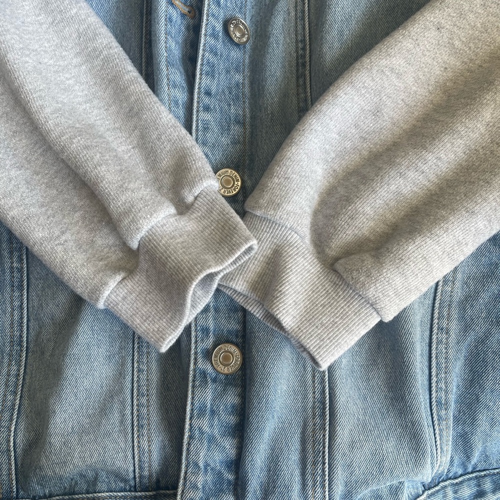 Forever 21 Blue Denim Jacket with Gray Knit Sleeves - Picture 9 of 11